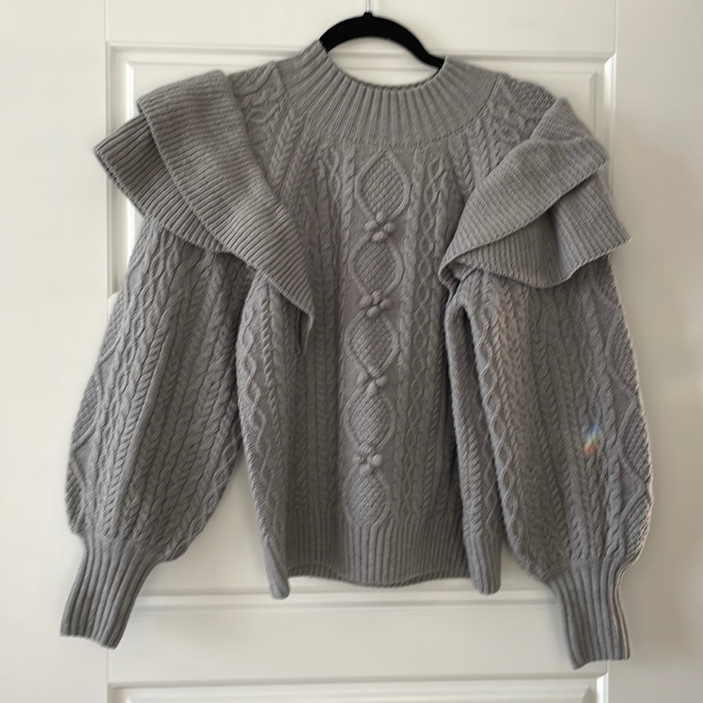 Gray Cable Knit Ruffle Sleeve Sweater - Unbranded